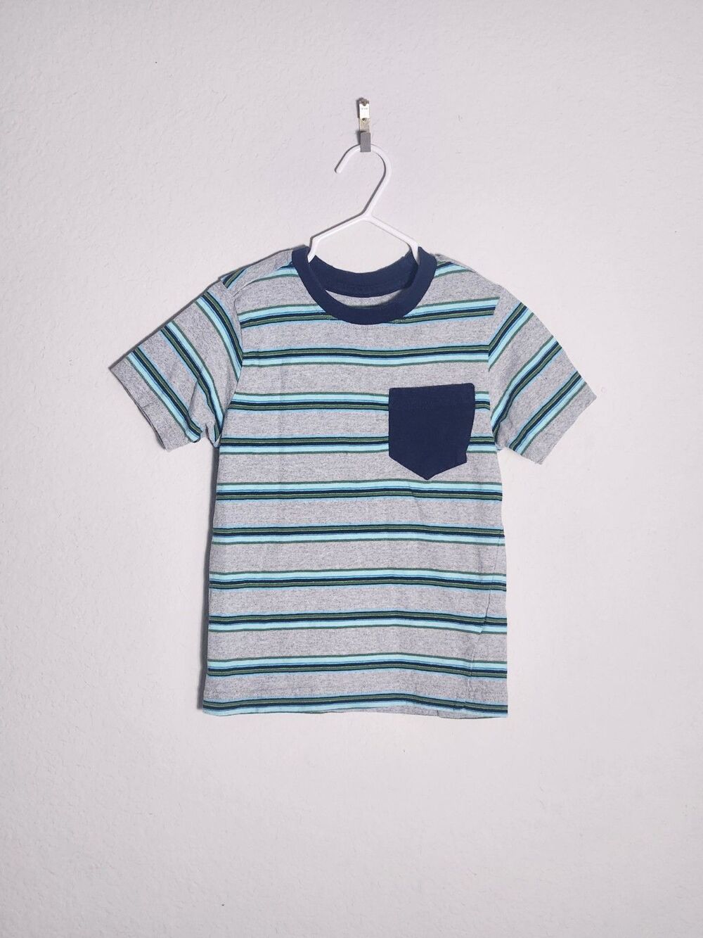 Copper Denim Boys Striped Short Sleeve T-Shirt Pocket Gray Blue Size 5